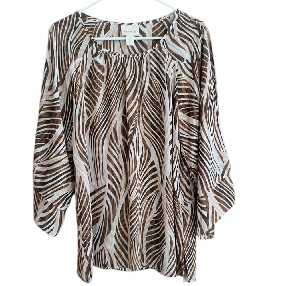 Chicos Long Sleeve Brown/Beige Foliage Cold Shoulder Semi Sheer Tunic Size 1(M)
